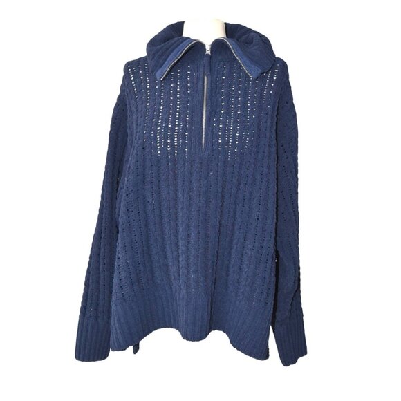 Aerie Navy Blue Open Knit Half Zip Sweater Women’s Size XL Recycled Yarn Coastal - Picture 1 of 8